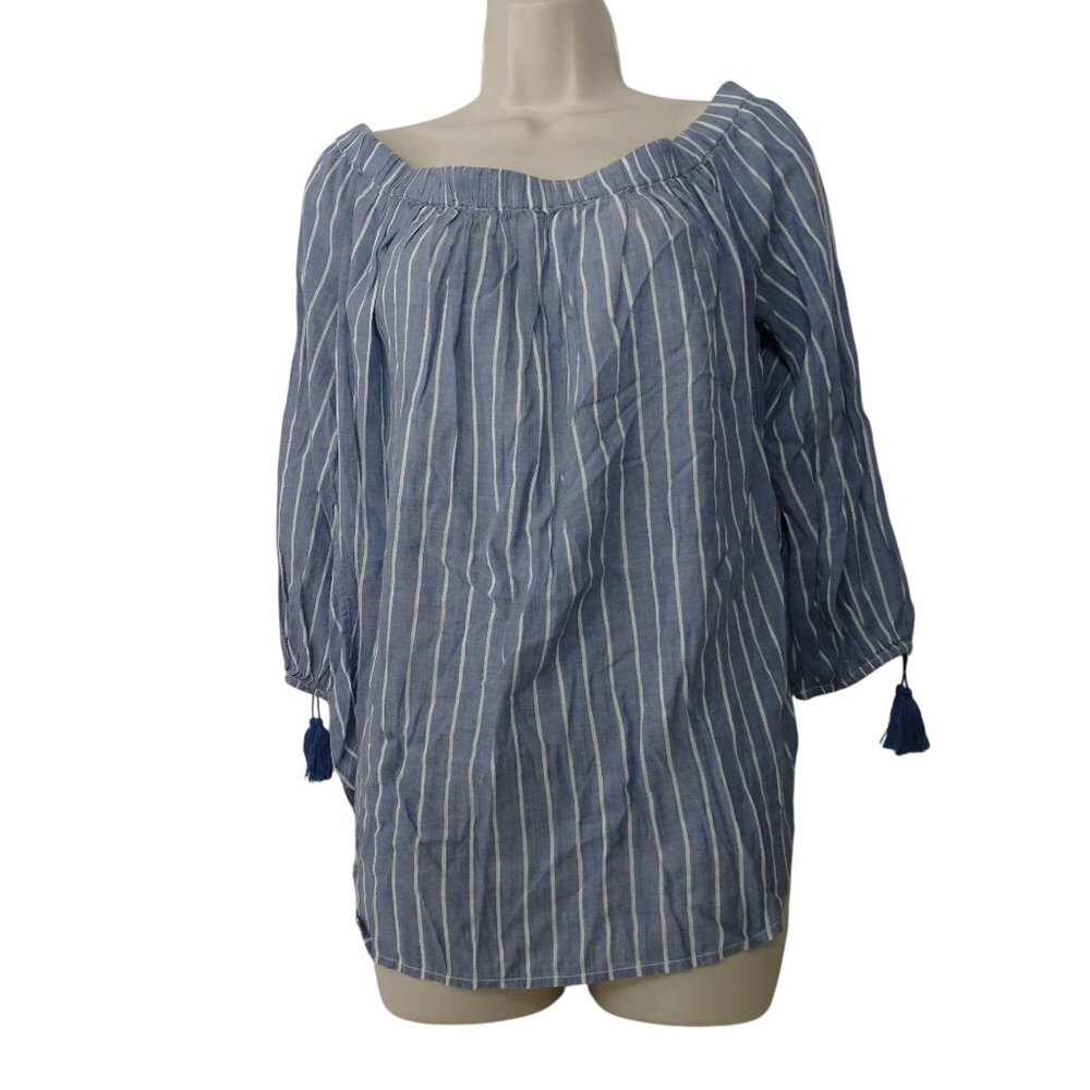 Old Navy Blue White Striped Off-Shoulder Top With Tassel Women Size M 3/4 Sleeve